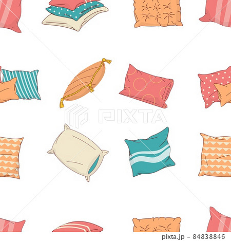 Cartoon pillow pattern. Seamless print with home interior decoration textile elements, sleeping pillows and sofa cushions. Bedroom or living room decoration. Vector pillow texture 84838846