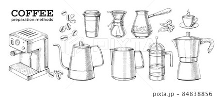 Hand drawn coffee preparation methods. Engraved drink making devices. Metal cezve and moka pot kettle. French press and pour over brewer. Electrical kitchen machine. Vector sketches set 84838856