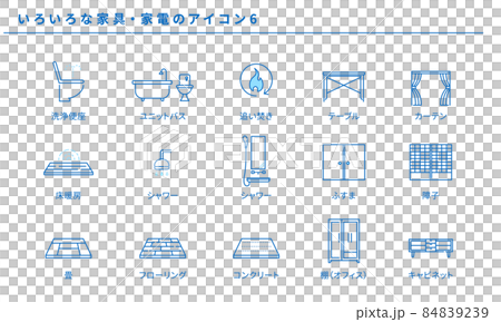 Simple icon set 6 for various furniture and home appliances, vector 84839239