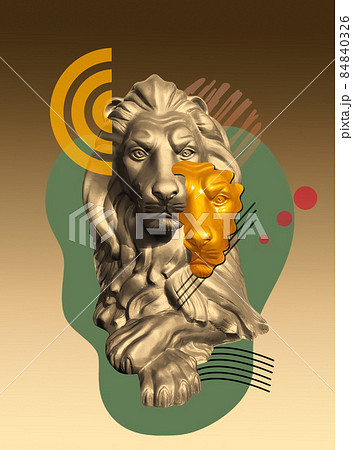 Collage with lion in a pop art style. Modern creative concept image with ancient statue. Collage with lion in a pop art style. Modern creative concept image with ancient statue. 84840326