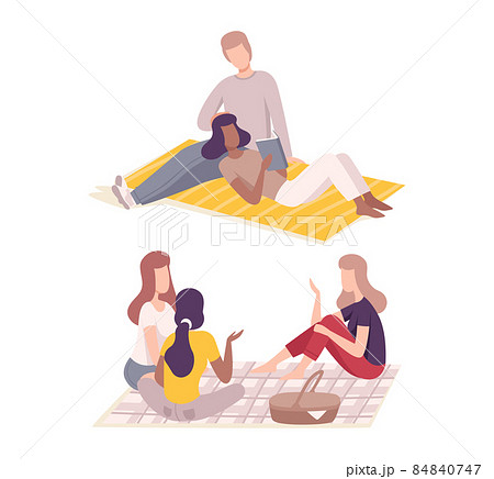 People Character Having Picnic in the Park Sitting on Blanket with Hamper Reading Book and Talking Vector Set 84840747