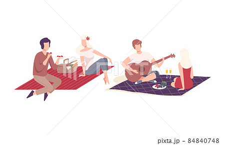 Couple Having Picnic in the Park Sitting on Blanket with Hamper Eating Food and Playing Guitar Having Romantic Date Vector Set 84840748
