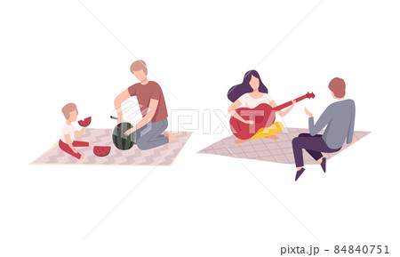 People Character Having Picnic in the Park Sitting on Blanket Eating Watermelon and Playing Guitar Vector Set People Character Having Picnic in the Park Sitting on Blanket Eating Watermelon and Playing Guitar Vector Set 84840751