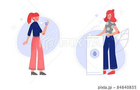 Young Redhead Woman Drinking Clean and Pure Potable Water Quenching Thirst Vector Set 84840835