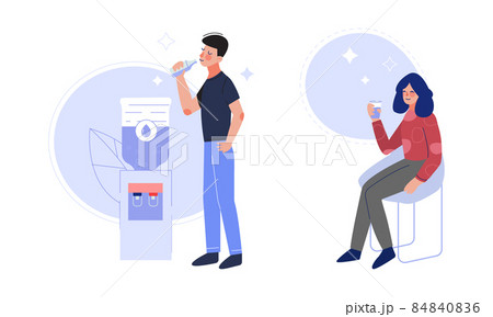 Young Man and Woman Drinking Clean and Pure Potable Water Quenching Thirst Vector Set 84840836