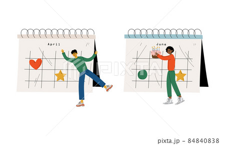 Young Man Near Huge Desk Calendar with Marked Appointment and Date Vector Set 84840838