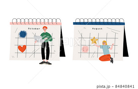 Young Man and Woman Near Huge Desk Calendar with Marked Appointment and Date Vector Set 84840841