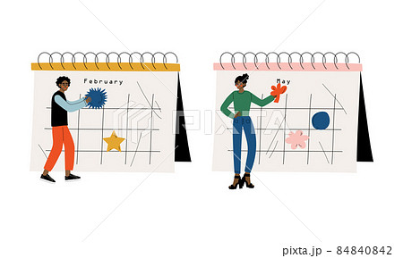 Young Man and Woman Near Huge Desk Calendar with Marked Appointment and Date Vector Set 84840842
