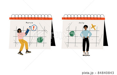Young Man and Woman Near Huge Desk Calendar with Marked Appointment and Date Vector Set Young Man and Woman Near Huge Desk Calendar with Marked Appointment and Date Vector Set 84840843