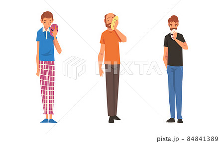 Young Man Holding Emotion Mask Hiding Personality or Individuality Vector Set Young Man Holding Emotion Mask Hiding Personality or Individuality Vector Set 84841389
