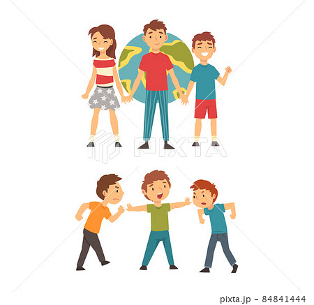 Kind and Fair Little Boy and Girl Holding Hands Aroud Globe Protecting Planet and Stopping Fighting Kids Doing Justice Vector Set 84841444