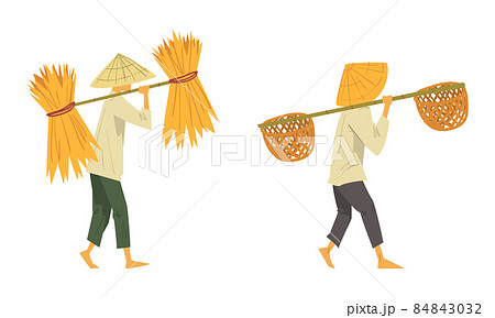 Asian Farmer in Conical Hat Carrying Basket and Straw Bundle Vector Set 84843032