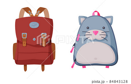 Fashionable Backpack or Rucksack with Two Straps Carried Over Shoulder Vector Set 84843128