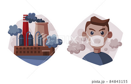 Environmental Pollution Cause and Source with Plant Chimney Waste Emission and Man Wearing Mask Vector Set Environmental Pollution Cause and Source with Plant Chimney Waste Emission and Man Wearing Mask Vector Set 84843155