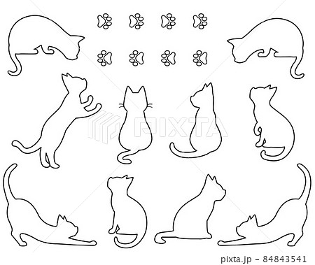 ネコのシルエット線画イラストセットのイラスト素材