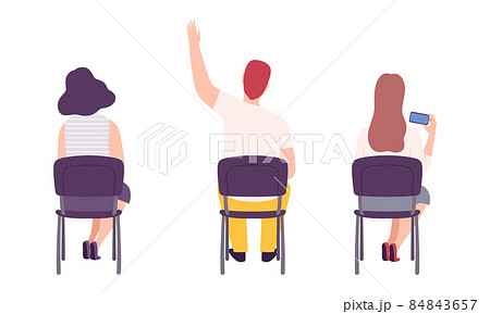 Young Male and Female Student Sitting on Chair in Class Back View Vector Set Young Male and Female Student Sitting on Chair in Class Back View Vector Set 84843657