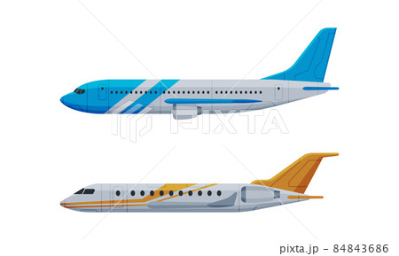 Flying Airliner or Airplane for Transporting Passengers Side View Vector Set 84843686
