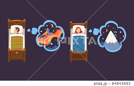 Cute Boy and Girl Sleeping in Bed Under Blanket and Dreaming About Climbing Mountain and Riding Dragon Vector Set 84843693