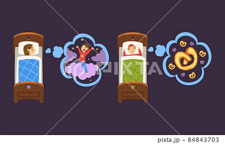 Cute Boy and Girl Sleeping in Bed Under Blanket and Dreaming About Riding Cloud and Sweet Pretzel Vector Set Cute Boy and Girl Sleeping in Bed Under Blanket and Dreaming About Riding Cloud and Sweet Pretzel Vector Set 84843703
