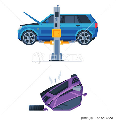 Traffic Collision or Car Accident with Damaged Transport Rested Upside Down on the Road Vector Set. Traffic Collision or Car Accident with Damaged Transport Rested Upside Down on the Road Vector Set. 84843728
