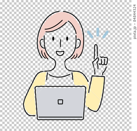 Hand-drawn style ・ Vector illustration of a woman explaining with a finger in front of a computer Hand-drawn style ・ Vector illustration of a woman explaining with a finger in front of a computer 84844324