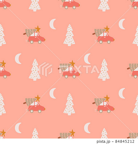 Pink Christmas seamless pattern with cars and Christmas trees. Cartoon winter holiday car in forest. Pastel pink New Year vector illustration. Hand drawn car xmas tree repeated background. 84845212