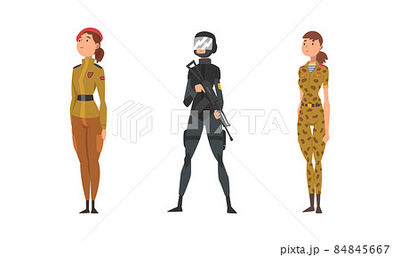 Young Woman Soldier or Officer in Combat Uniform with Assault Rifle Vector Set Young Woman Soldier or Officer in Combat Uniform with Assault Rifle Vector Set 84845667