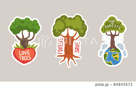 Go Green Sticker with Forest Tree with Green Crown and Trunk Vector Set 84845672