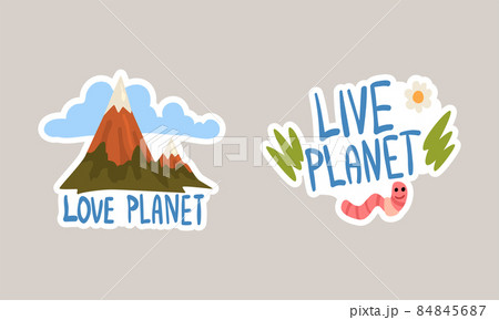 Go Green Sticker with Mountain and Crawling Worm Vector Set Go Green Sticker with Mountain and Crawling Worm Vector Set 84845687