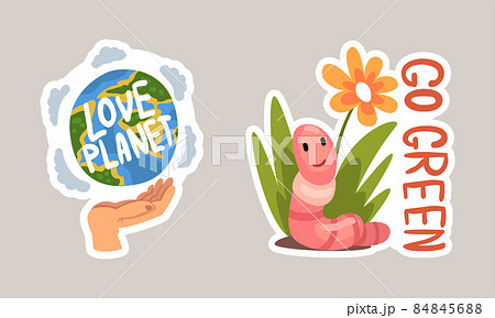 Go Green Sticker with Worm in Grass and Globe on Human Hand Vector Set 84845688