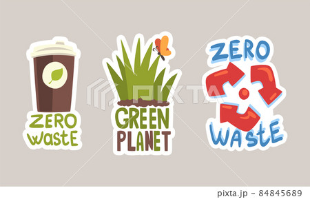 Go Green Sticker with Green Grass and Recycle Symbol for Zero Waste Vector Set 84845689