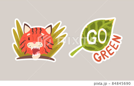 Go Green Sticker with Tiger in Bush and Green Leaf Vector Set Go Green Sticker with Tiger in Bush and Green Leaf Vector Set 84845690