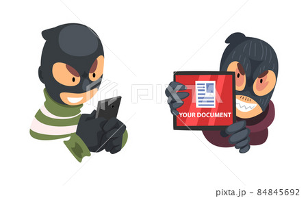 Hacker in Black Mask Breaking Password and Mobile Security Vector Set Hacker in Black Mask Breaking Password and Mobile Security Vector Set 84845692