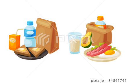 Kraft Paper Bag with Sausage with Scrambled Eggs and Bread Slice Vector Set 84845745