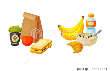 Kraft Paper Bag with Sandwich and Bowl of Porridge with Banana Vector Set 84845761