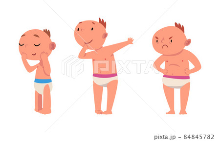 Funny Baby in Diaper Standing Sucking Finger and Feeling Angry Vector Set 84845782