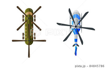 Flying Aircraft with Jet Engine and Propeller View from Above Vector Set Flying Aircraft with Jet Engine and Propeller View from Above Vector Set 84845786