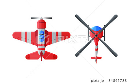 Flying Aircraft with Jet Engine and Propeller View from Above Vector Set Flying Aircraft with Jet Engine and Propeller View from Above Vector Set 84845788