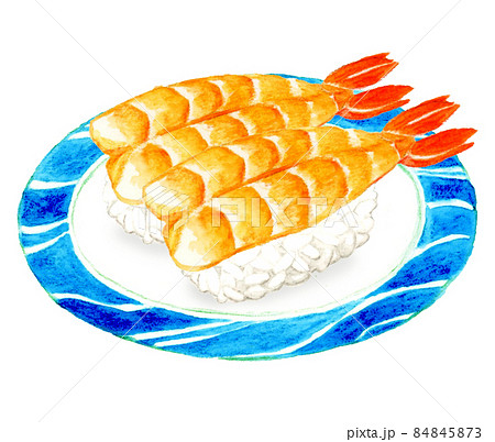 皿に乗った二貫の海老の握り寿司 日本料理の手描き水彩イラスト素材のイラスト素材