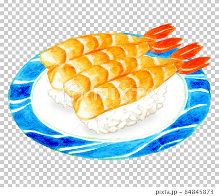 皿に乗った二貫の海老の握り寿司　日本料理の手描き水彩イラスト素材 84845873