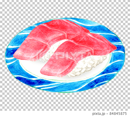 皿に乗った二貫のマグロのトロの握り寿司　日本料理の手描き水彩イラスト素材 84845875