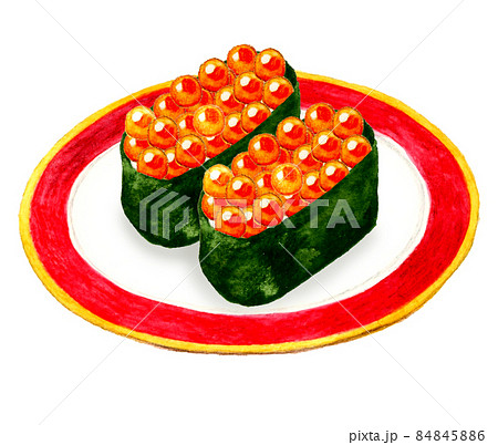 皿に乗った二貫のいくらの軍艦巻き 日本料理の手描き水彩イラスト素材 皿に乗った二貫のいくらの軍艦巻き 日本料理の手描き水彩イラスト素材 84845886