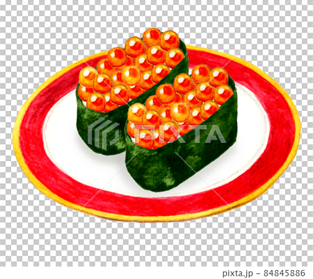 皿に乗った二貫のいくらの軍艦巻き 日本料理の手描き水彩イラスト素材 皿に乗った二貫のいくらの軍艦巻き 日本料理の手描き水彩イラスト素材 84845886