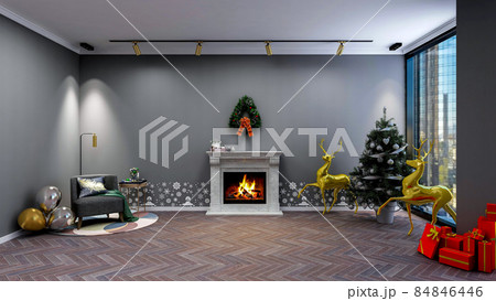 Living room Christmas interior, room decoration in Christmas theme with fireplace and Christmas tree, 3d rendering Living room Christmas interior, room decoration in Christmas theme with fireplace and Christmas tree, 3d rendering 84846446