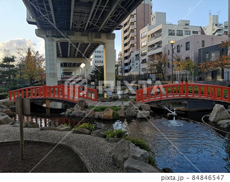 堅川河川敷公園内の三代豊国五渡亭園　近景 84846547