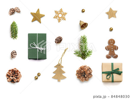 Christmas gift boxes and baubles collection on white background Christmas gift boxes and baubles collection on white background 84848030