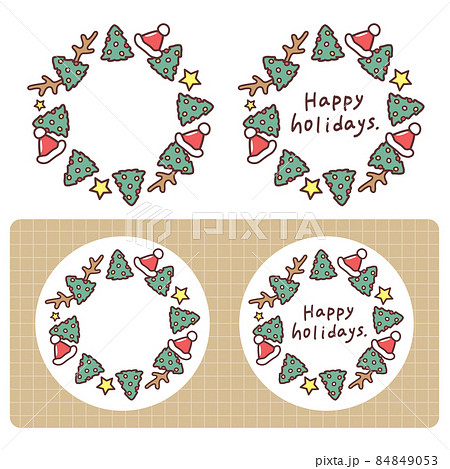 手描き風のクリスマスのイラストシール素材（円形・サークル・ゆるいデザイン） 84849053