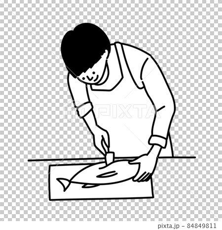 漁業　水産業　イラスト　女性　魚　白黒　モノクロ 84849811