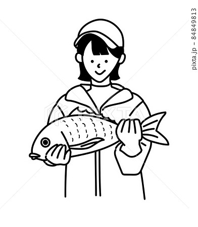 漁業 水産業 イラスト 女性 魚 白黒 モノクロのイラスト素材