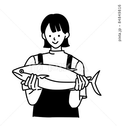 漁業 水産業 イラスト 女性 魚 白黒 モノクロのイラスト素材